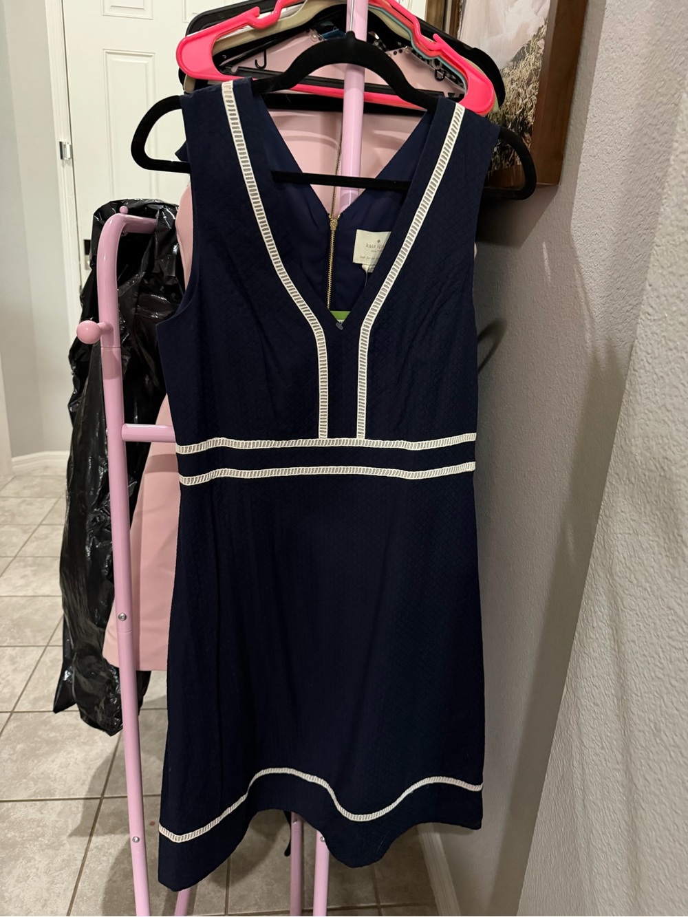 kate spade Navy Sleeveless V-Neck Mini Dress with White Trim